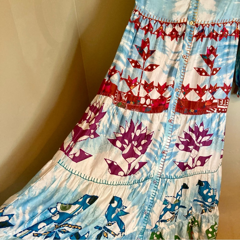 RARE FARM Rio Tie Dye Rainbow Patchwork Maxi Dress Batik Print Blue Size S or M - Picture 11 of 16